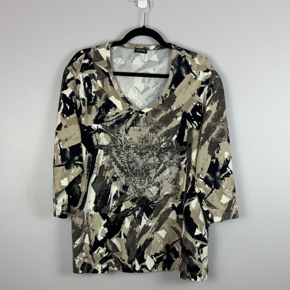 Gerry Weber Casual Abstract Embellished Long Sleeve Cotton Top Size 18 Black Tan - Picture 2 of 14